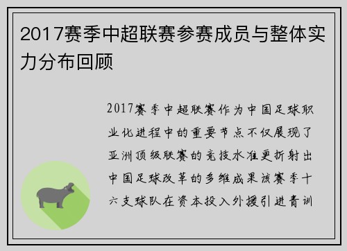 2017赛季中超联赛参赛成员与整体实力分布回顾