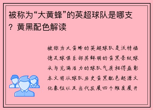 被称为“大黄蜂”的英超球队是哪支？黄黑配色解读